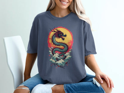 Dragon in front of the sun on a Blue Shirt Graphic T-Shirt - IconVexa