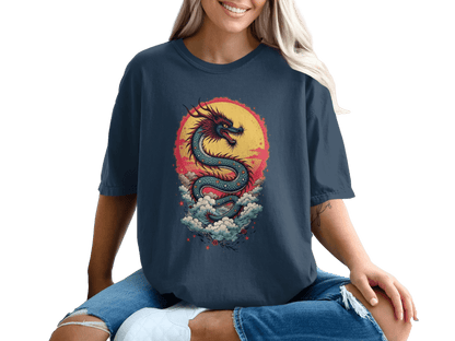 Dragon in front of the sun on a Blue Shirt Graphic T-Shirt - IconVexa