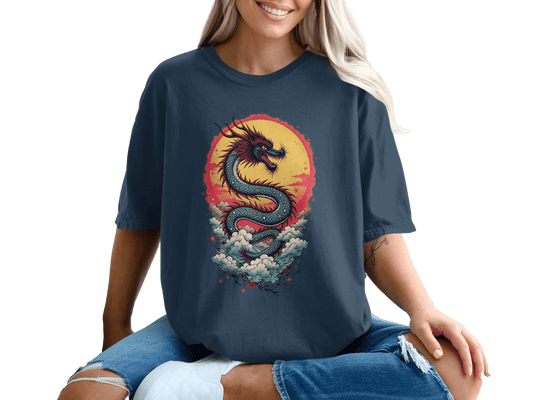 Dragon in front of the sun on a Blue Shirt Graphic T-Shirt - IconVexa