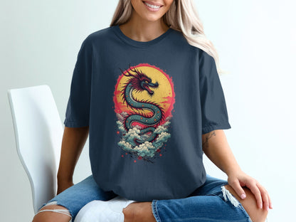 Dragon in front of the sun on a Blue Shirt Graphic T-Shirt - IconVexa