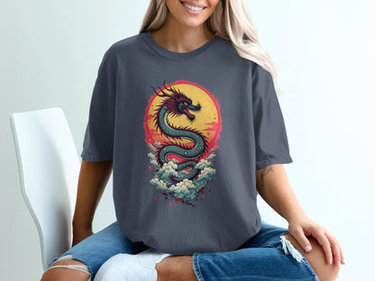 Dragon in front of the sun on a Blue Shirt Graphic T-Shirt - IconVexa