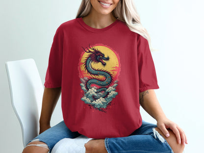 Dragon in front of the sun on a Blue Shirt Graphic T-Shirt - IconVexa