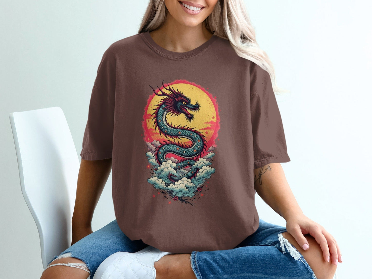 Dragon in front of the sun on a Blue Shirt Graphic T-Shirt - IconVexa