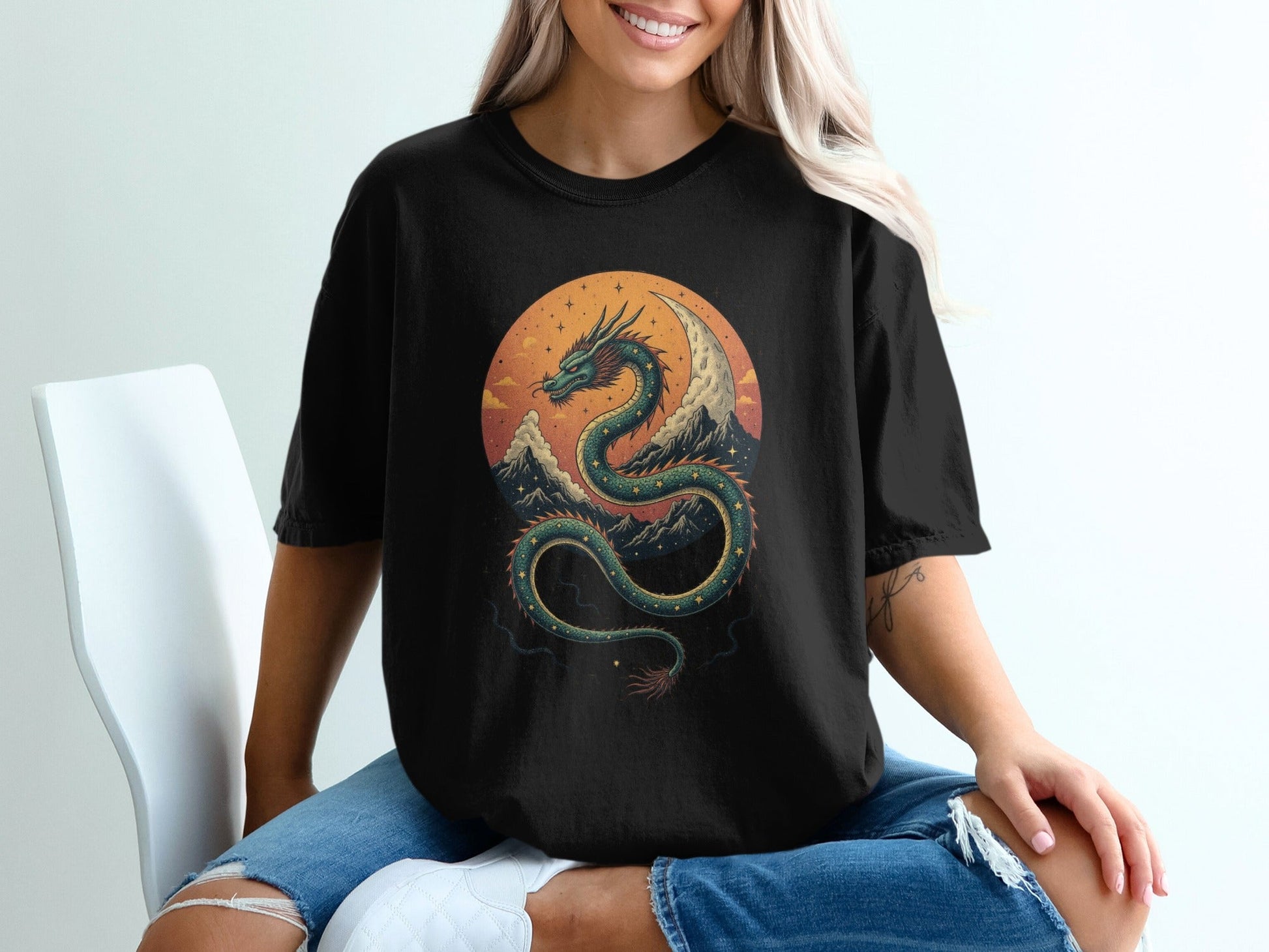 Dragon With Mountains Artwork Graphic Trendy Art T-Shirt - IconVexa
