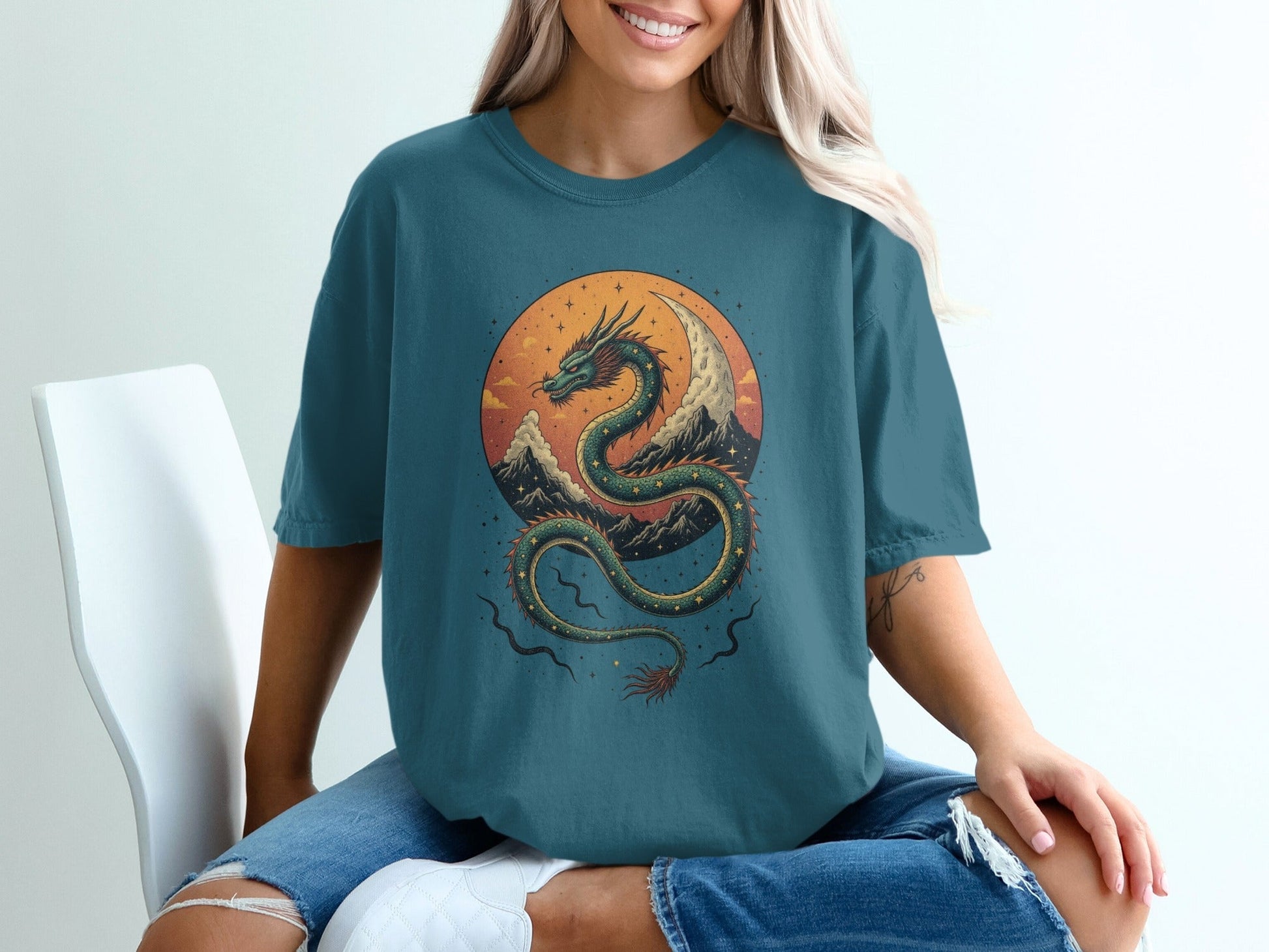 Dragon With Mountains Artwork Graphic Trendy Art T-Shirt - IconVexa