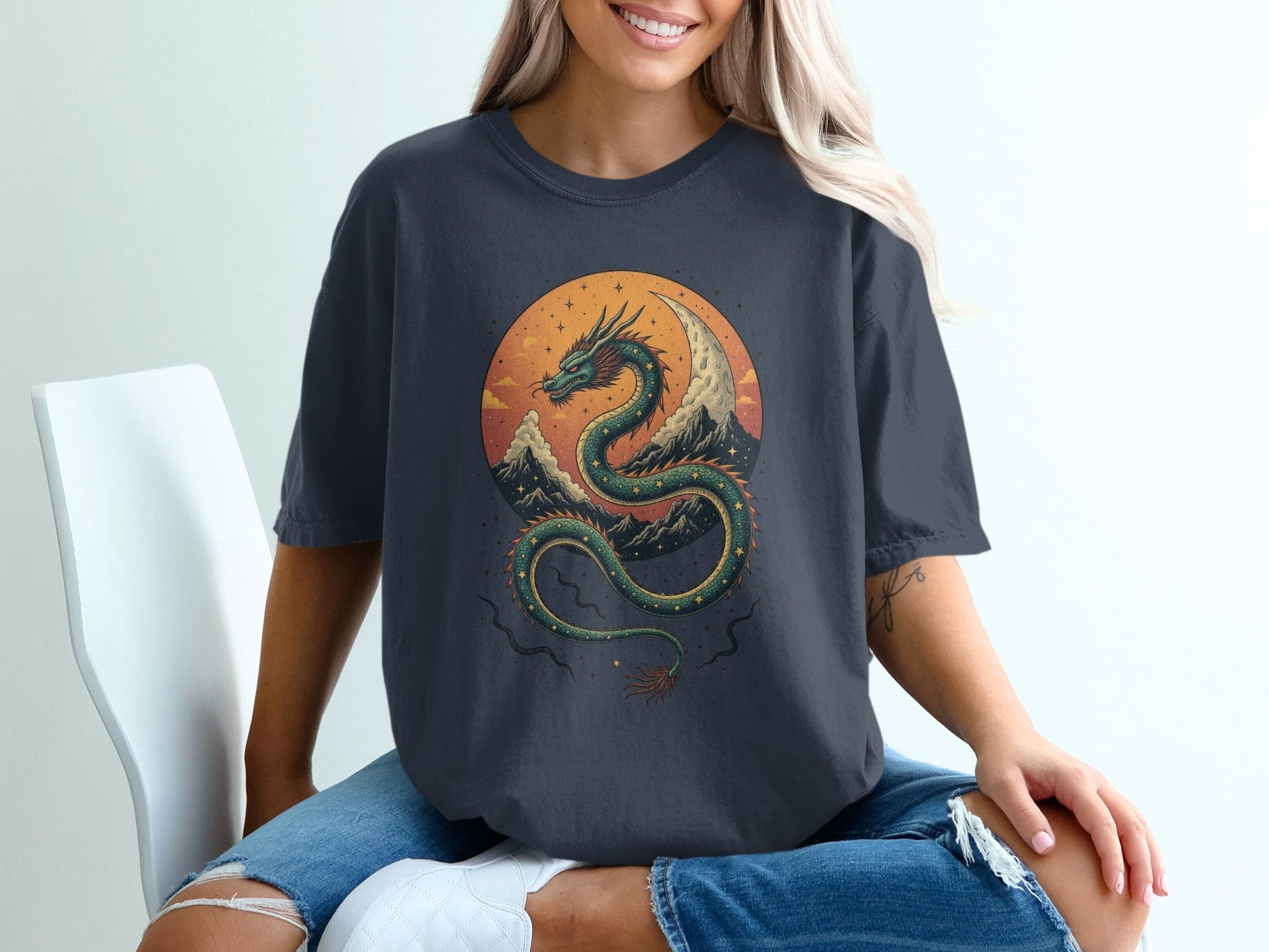 Dragon With Mountains Artwork Graphic Trendy Art T-Shirt - IconVexa