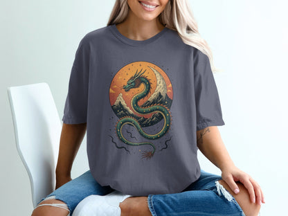 Dragon With Mountains Artwork Graphic Trendy Art T-Shirt - IconVexa