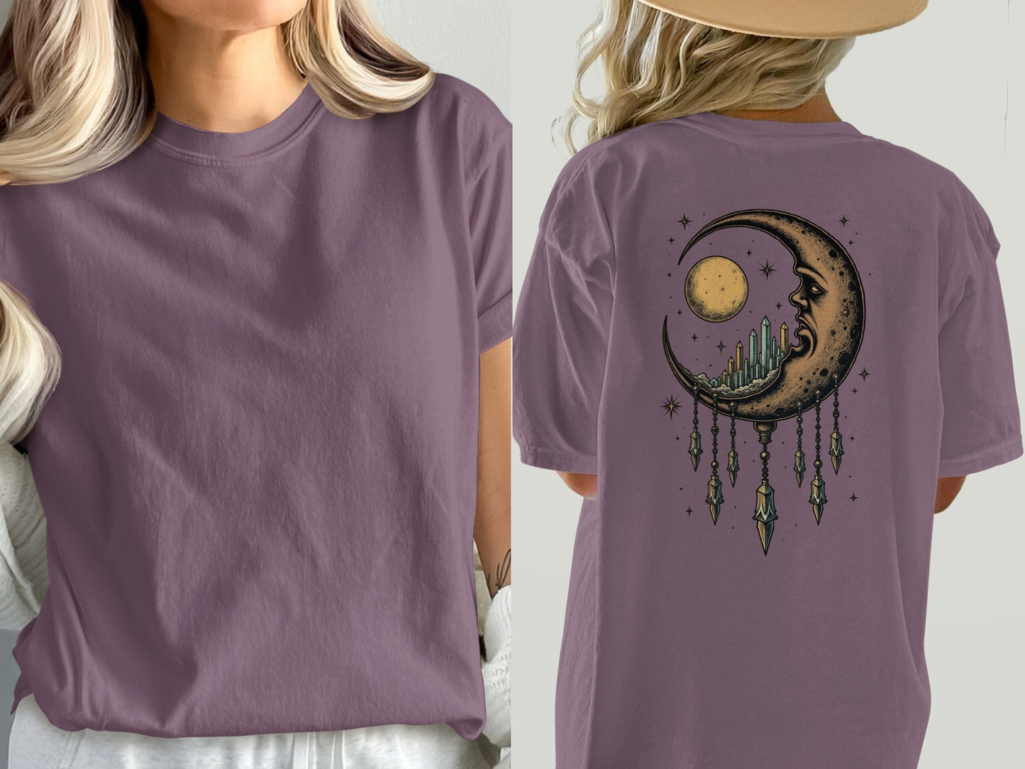 Dreaming Crescent With Crystals Graphics Relaxed T-Shirt - IconVexa