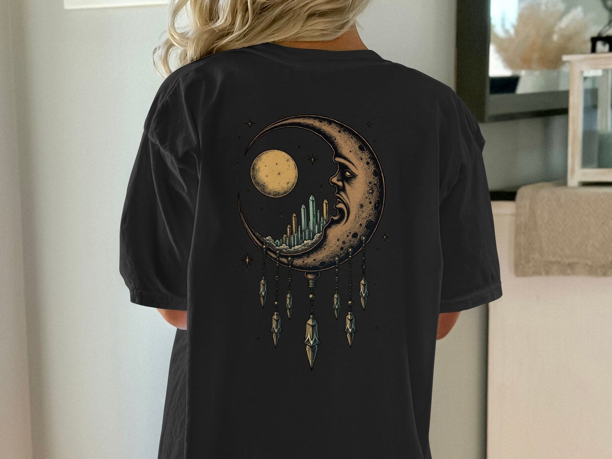 Dreaming Crescent With Crystals Graphics Relaxed T-Shirt - IconVexa