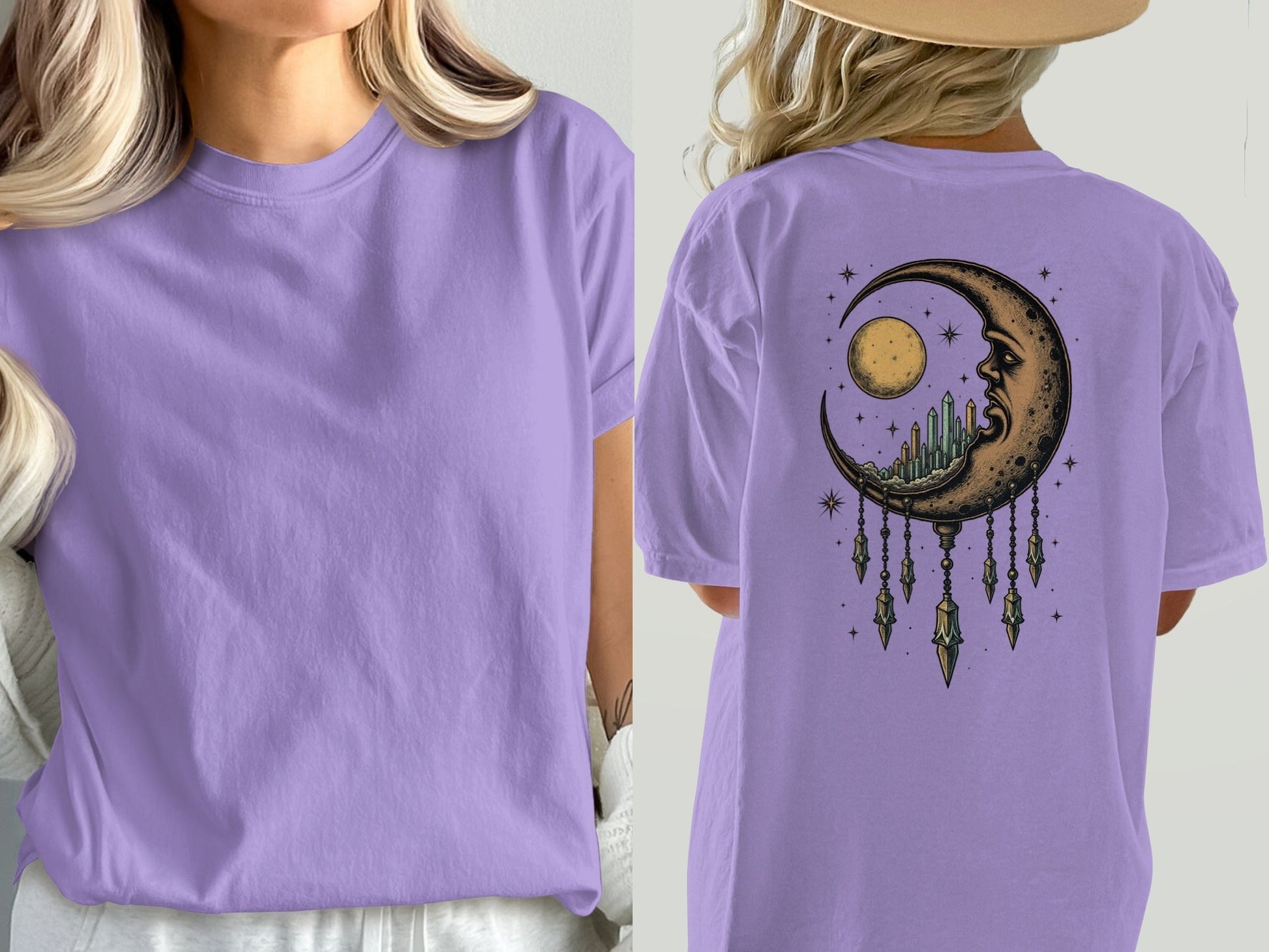 Dreaming Crescent With Crystals Graphics Relaxed T-Shirt - IconVexa