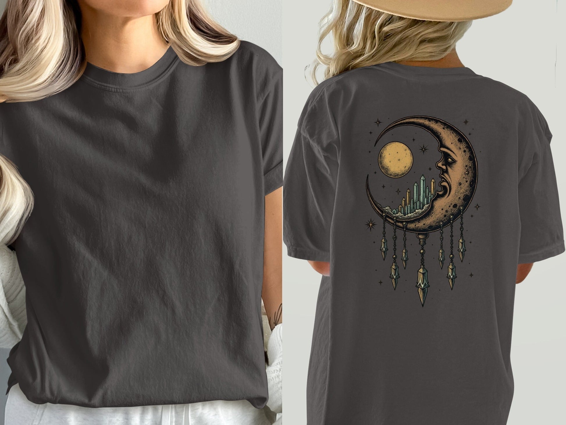 Dreaming Crescent With Crystals Graphics Relaxed T-Shirt - IconVexa