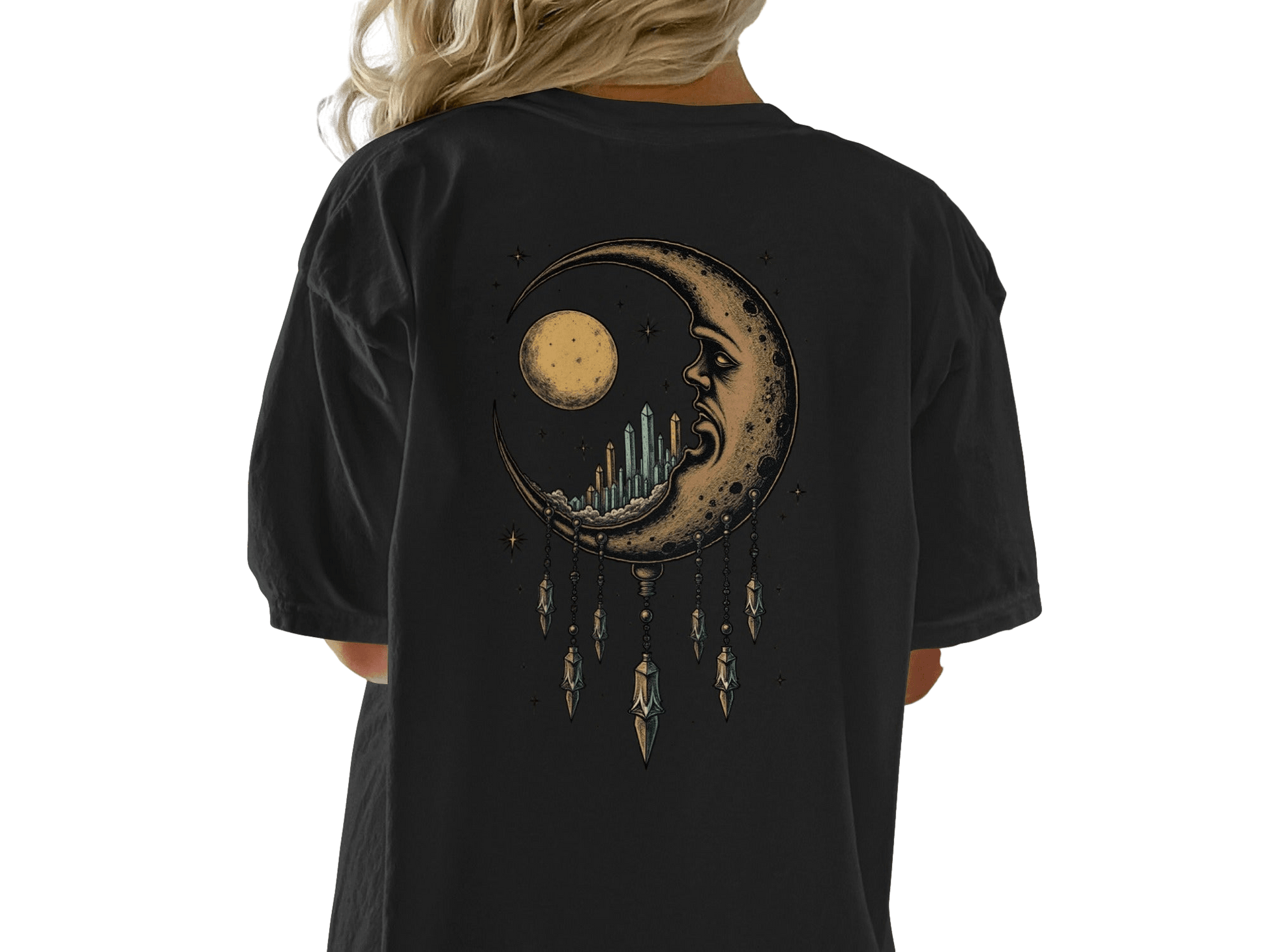 Dreaming Crescent With Crystals Graphics Relaxed T-Shirt - IconVexa