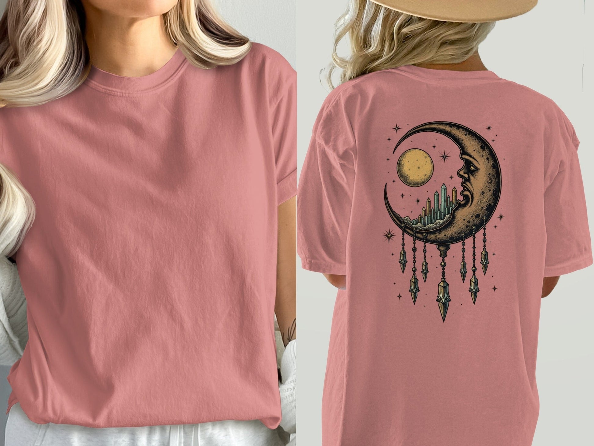 Dreaming Crescent With Crystals Graphics Relaxed T-Shirt - IconVexa
