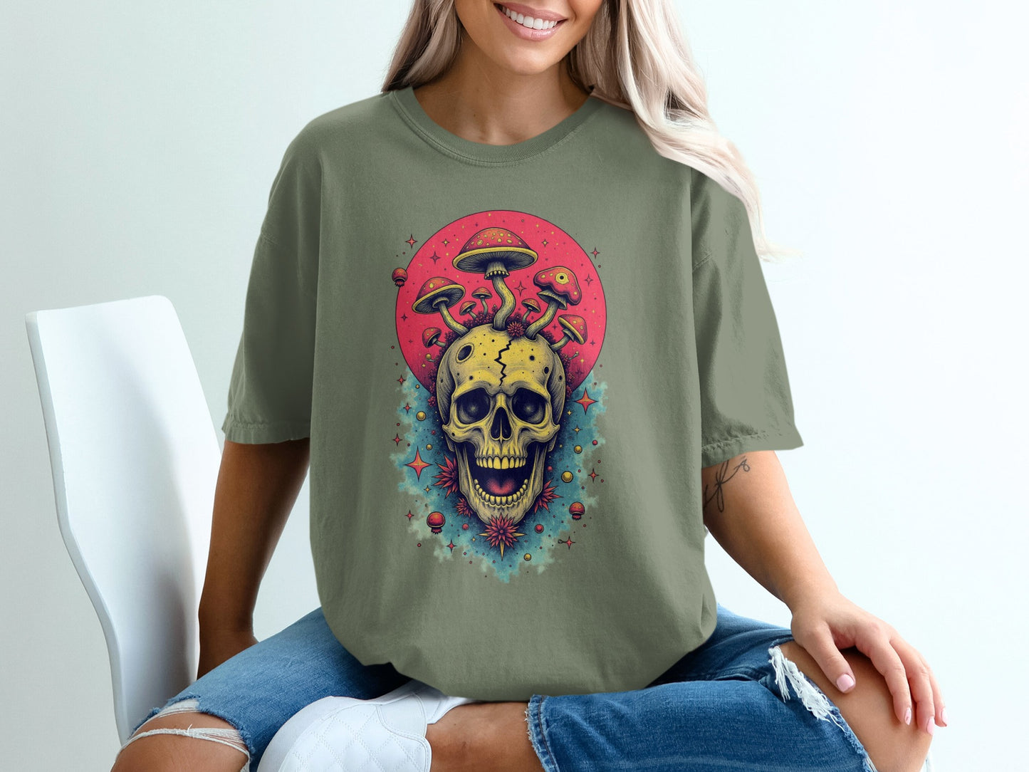 Skull and Mushrooms Graphic Art Tee Shirt product type