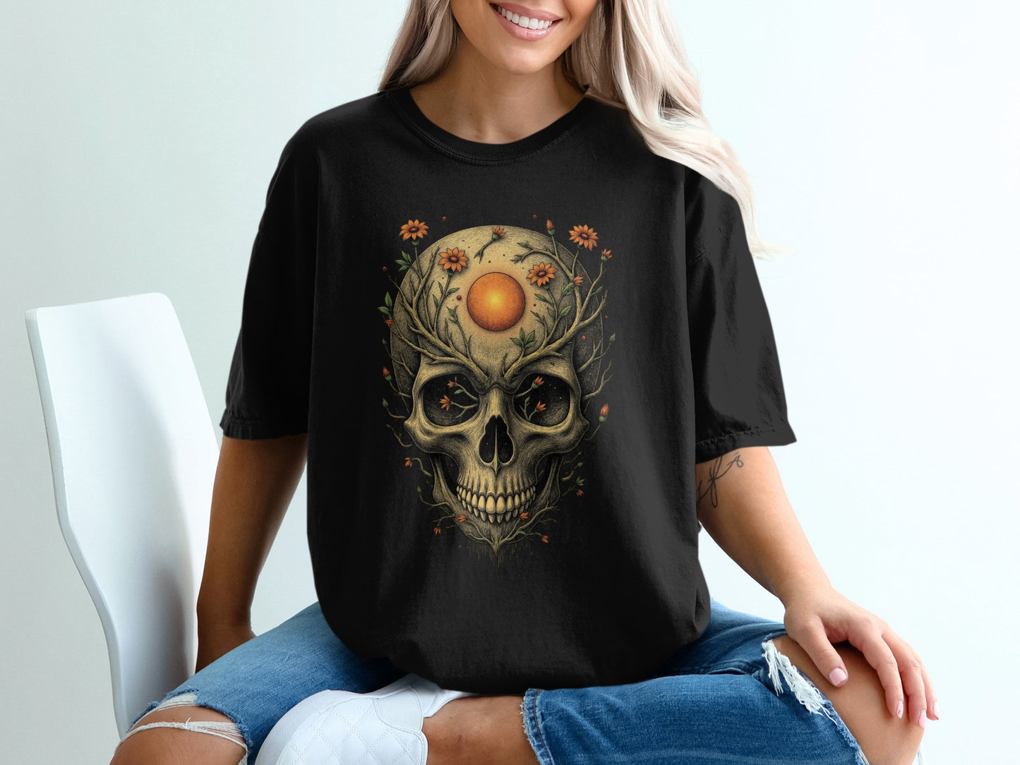Skull with Flowers and Moon Graphic T-shirt product