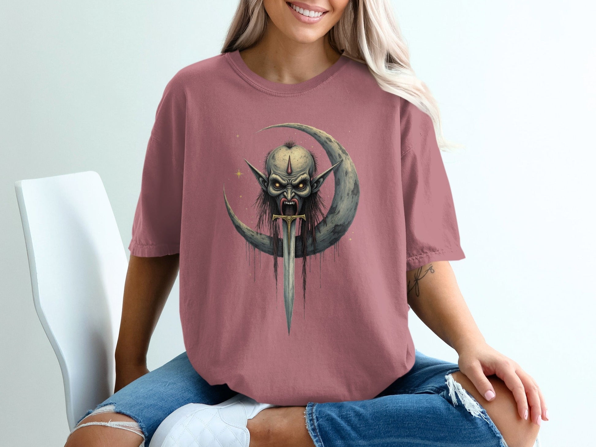 Evil On The Moon With Sword Graphic Illustration T-Shirt - IconVexa