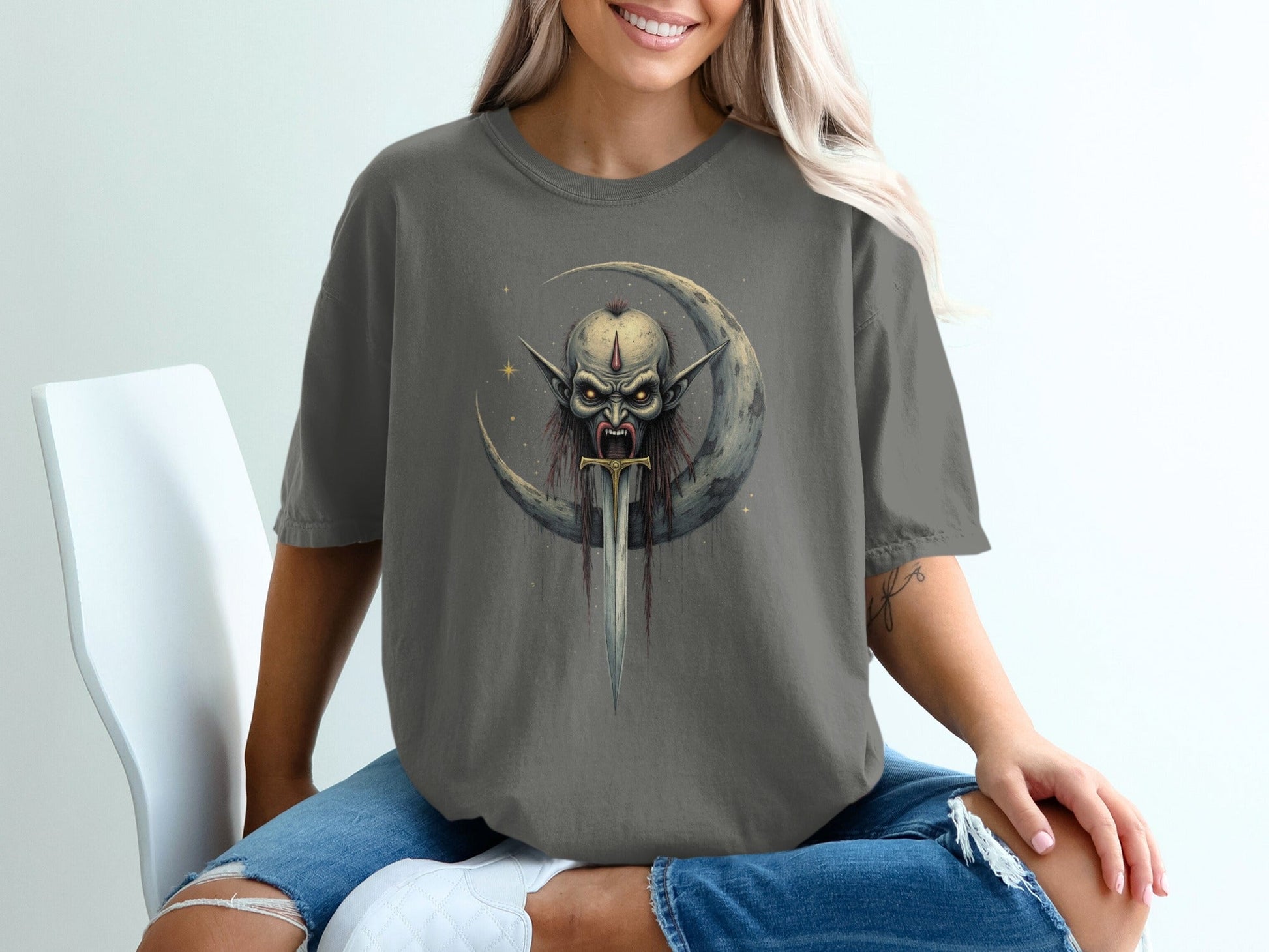 Evil On The Moon With Sword Graphic Illustration T-Shirt - IconVexa