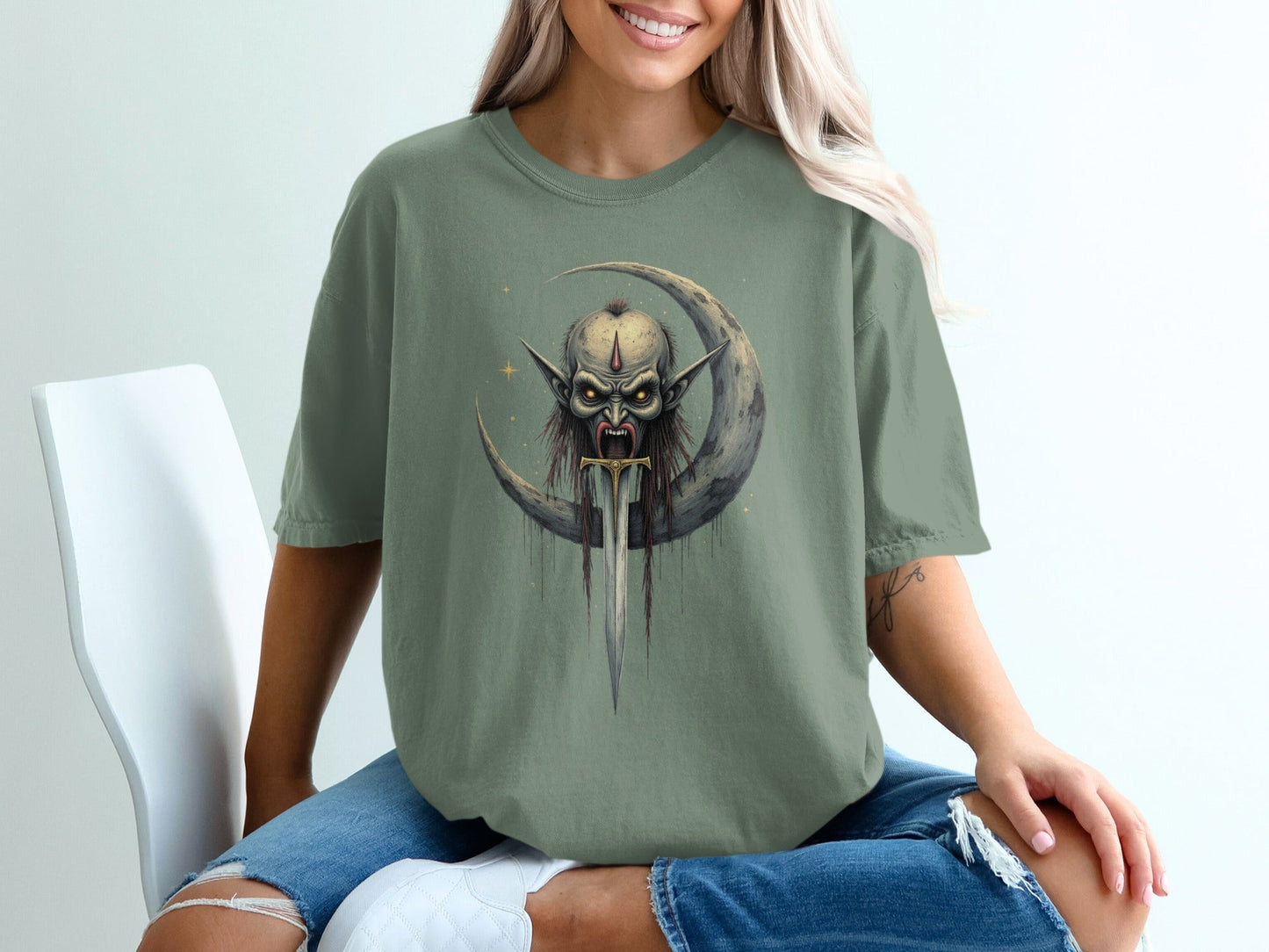 Evil On The Moon With Sword Graphic Illustration T-Shirt - IconVexa