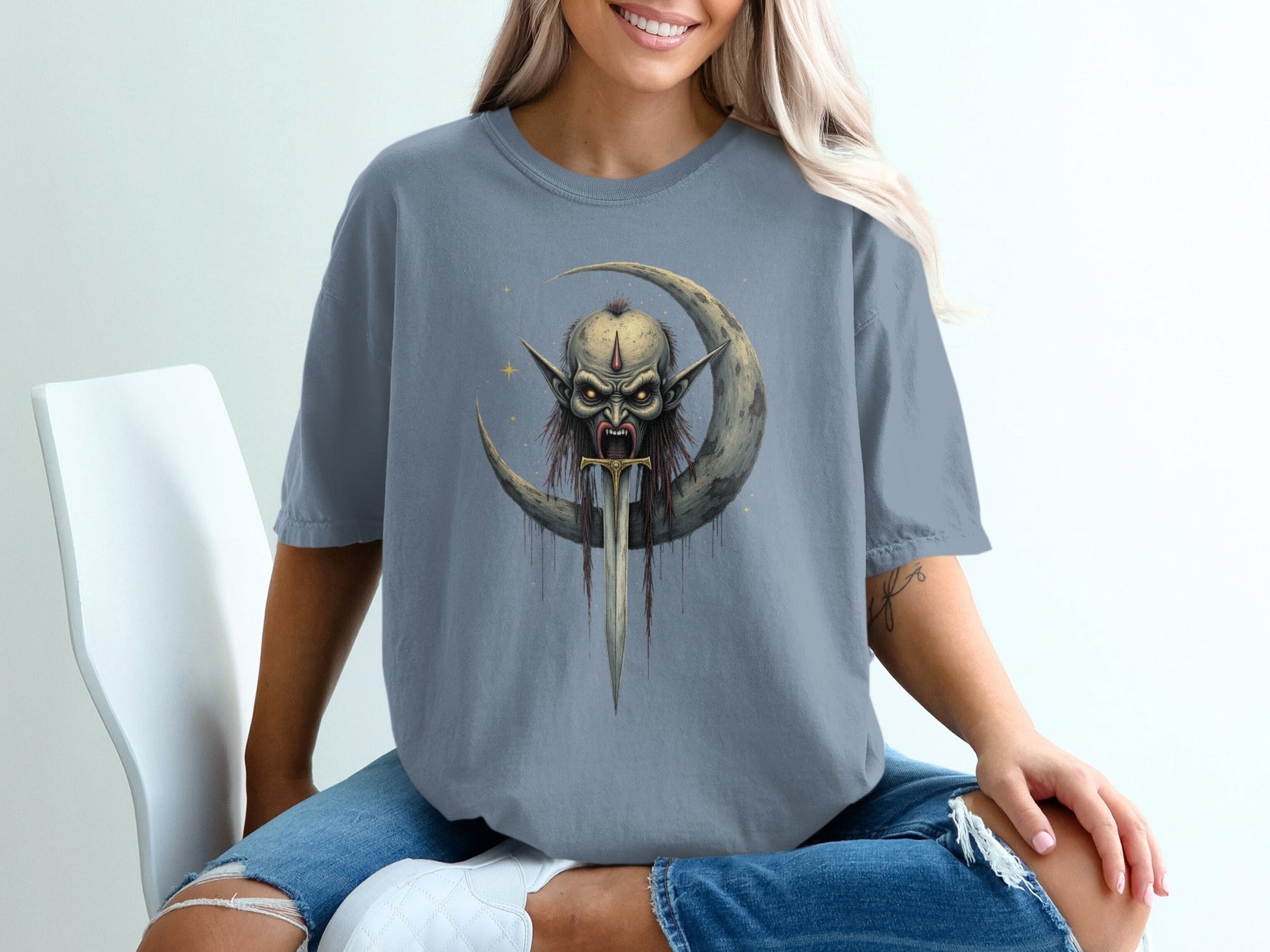 Evil On The Moon With Sword Graphic Illustration T-Shirt - IconVexa