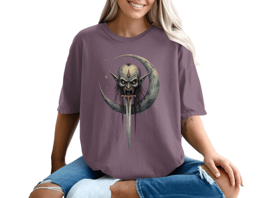 Evil On The Moon With Sword Graphic Illustration T-Shirt - IconVexa