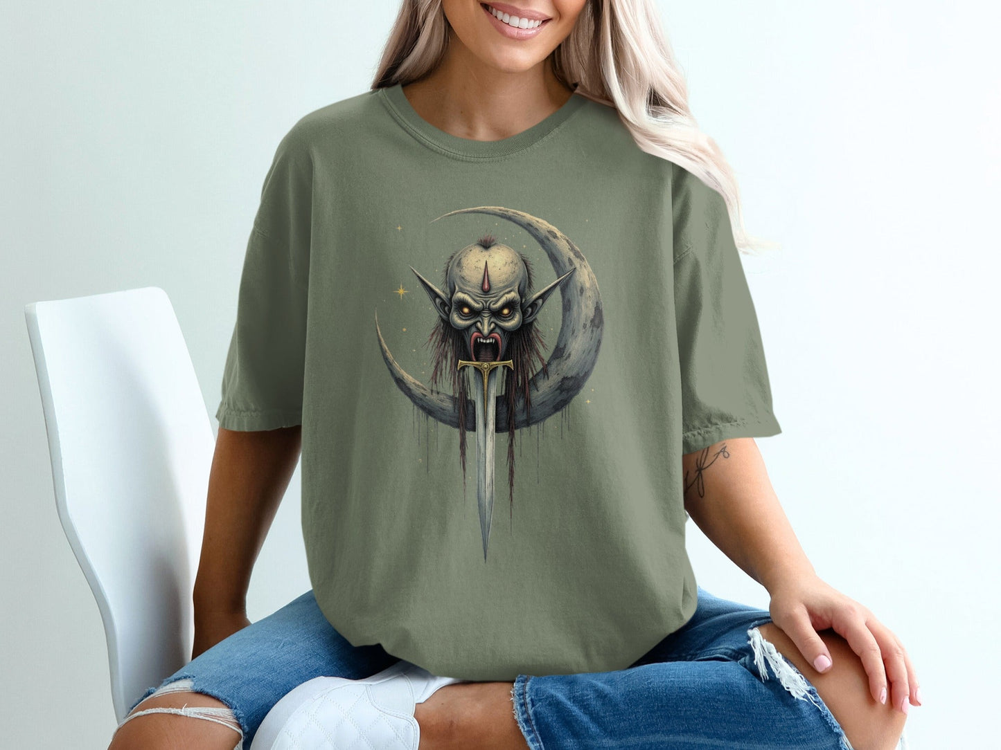 Evil On The Moon With Sword Graphic Illustration T-Shirt - IconVexa