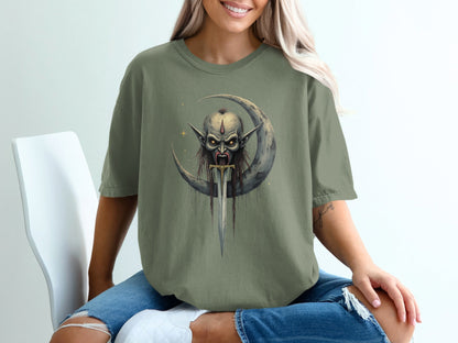 Evil On The Moon With Sword Graphic Illustration T-Shirt - IconVexa
