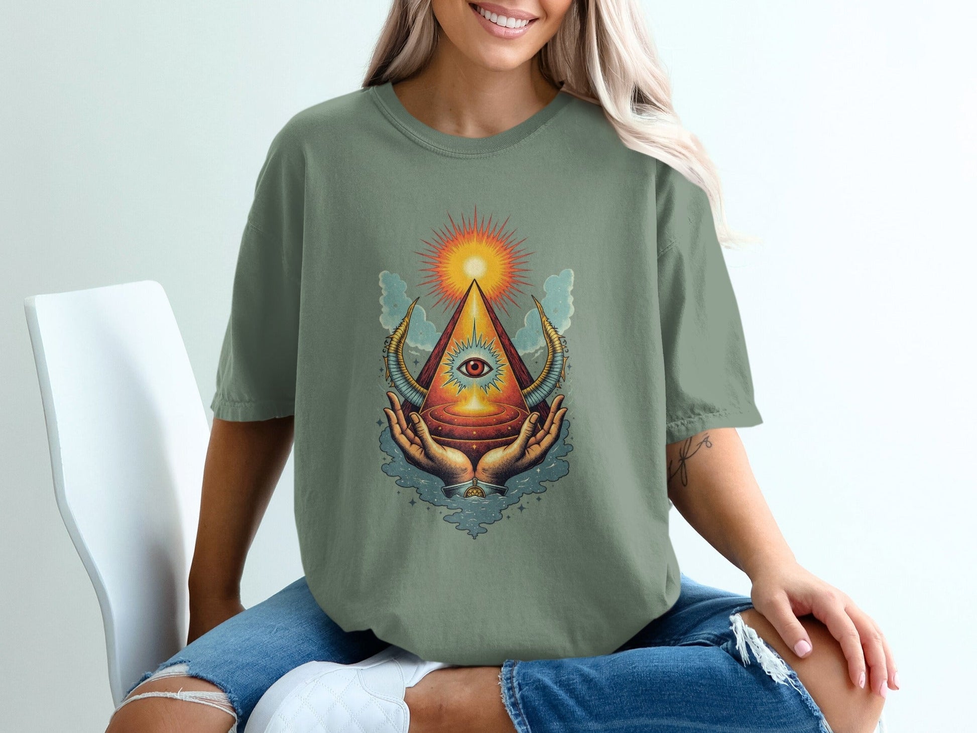 Eye Above Sun Above Hands Graphic Print Design T-Shirt - IconVexa