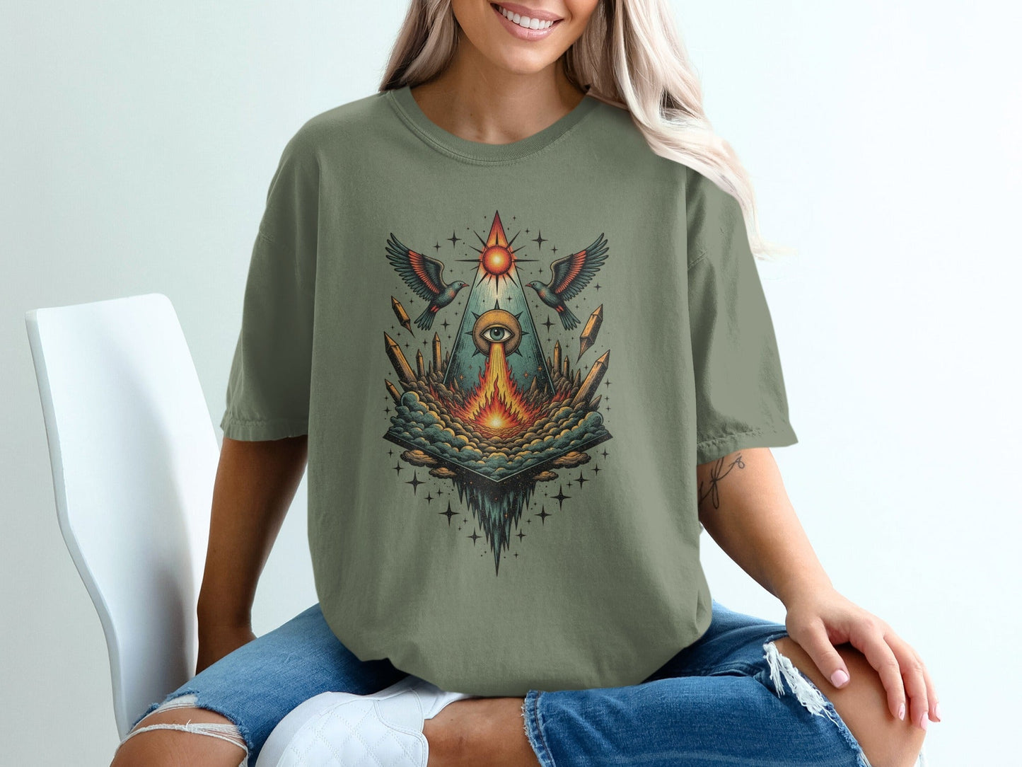 Eye Birds Crystals Pyramid Graphic Comfort Colors T-Shirt - IconVexa