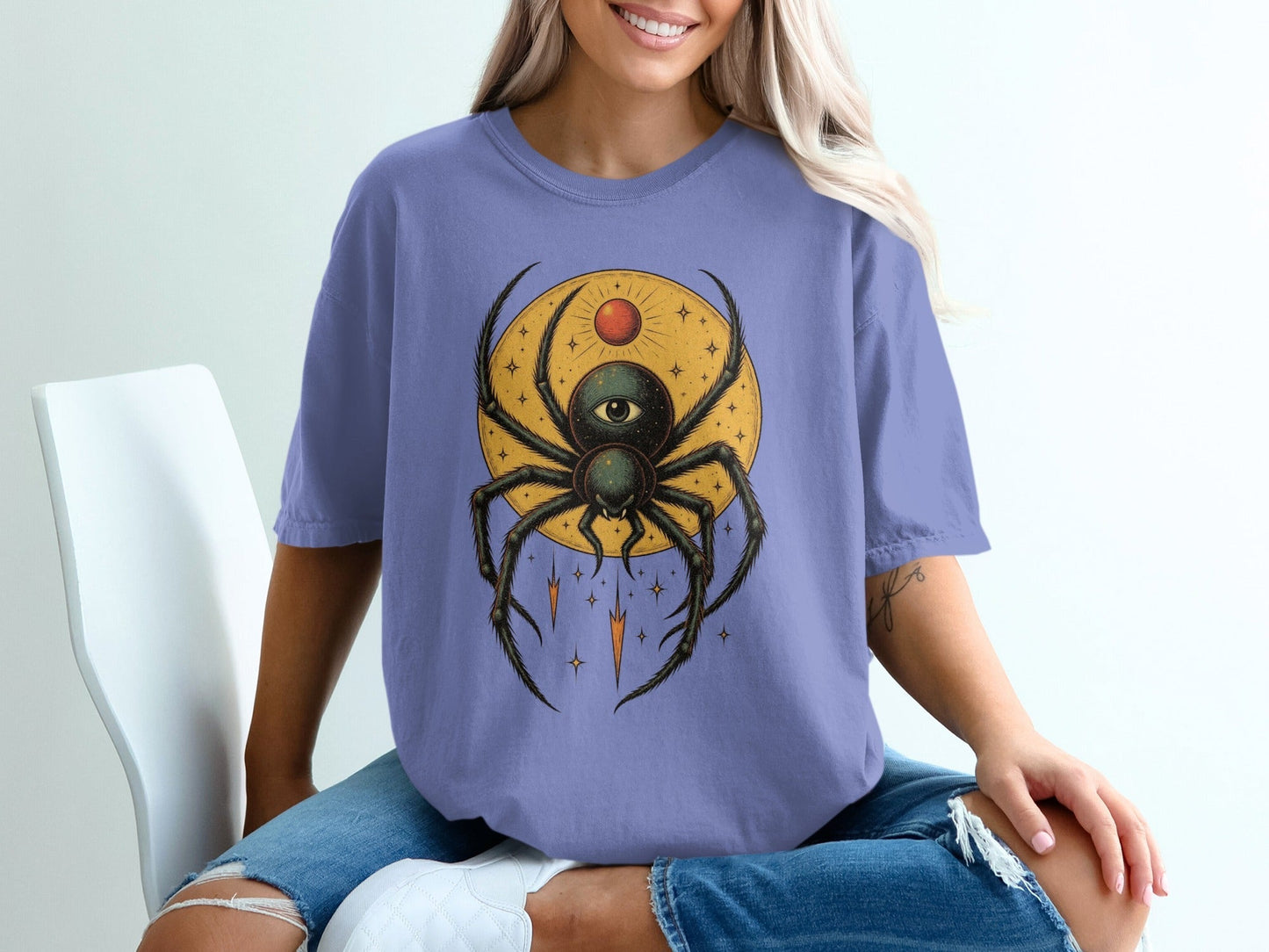 Eye Spider Design on Celestial Background Unisex T-Shirt - IconVexa