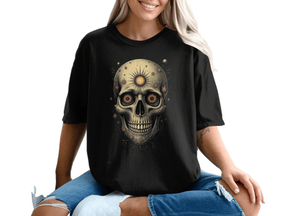 Floral Skull Design Eye Sun Detail Illustration Artwork T-Shirt - IconVexa