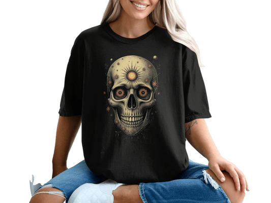 Floral Skull Design Eye Sun Detail Illustration Artwork T-Shirt - IconVexa
