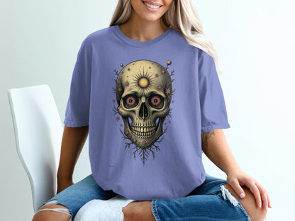 Floral Skull Design Eye Sun Detail Illustration Artwork T-Shirt - IconVexa
