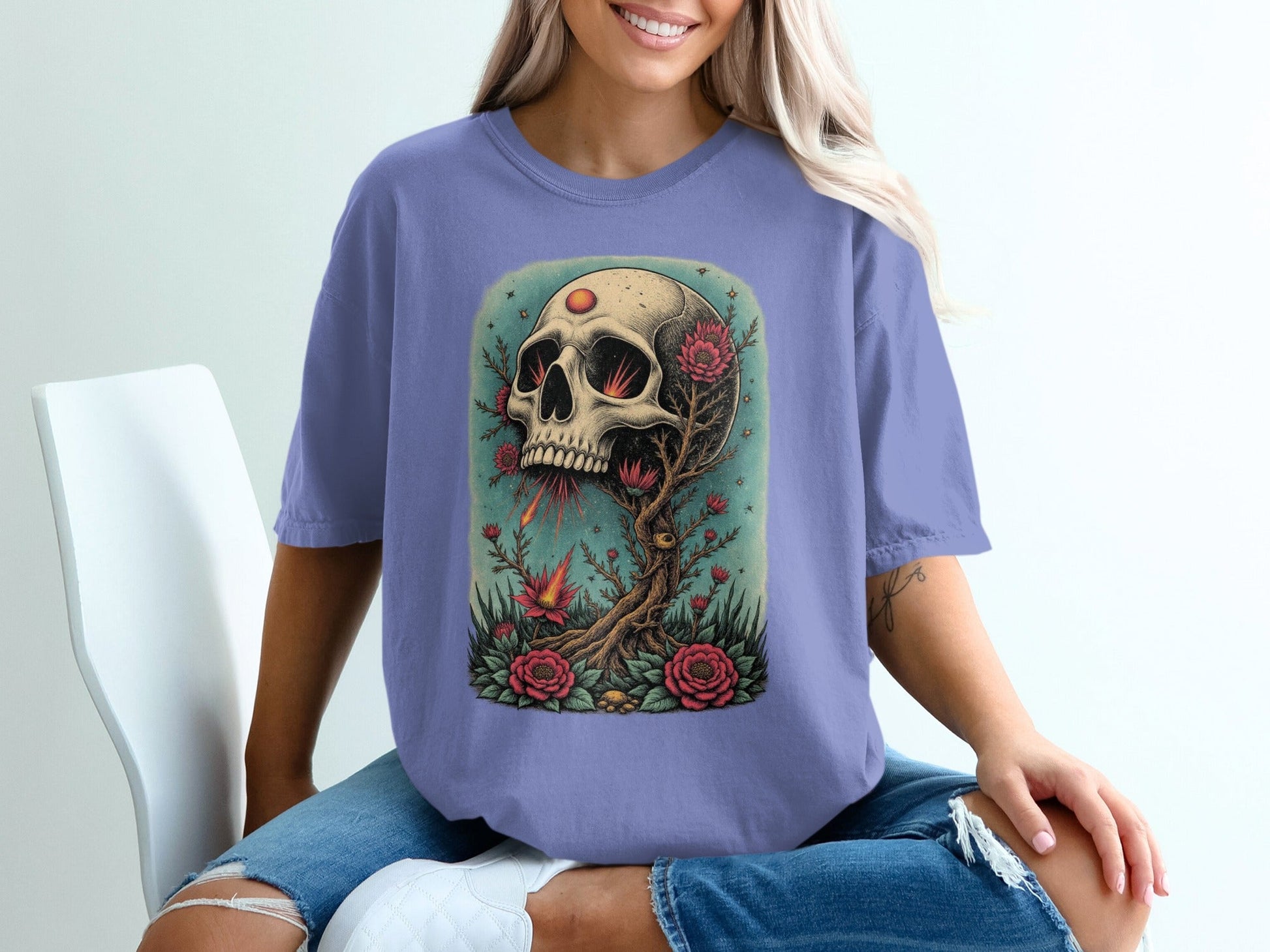 Floral Skull Rising T-Shirt Artistic Print Skull Design T-Shirt - IconVexa