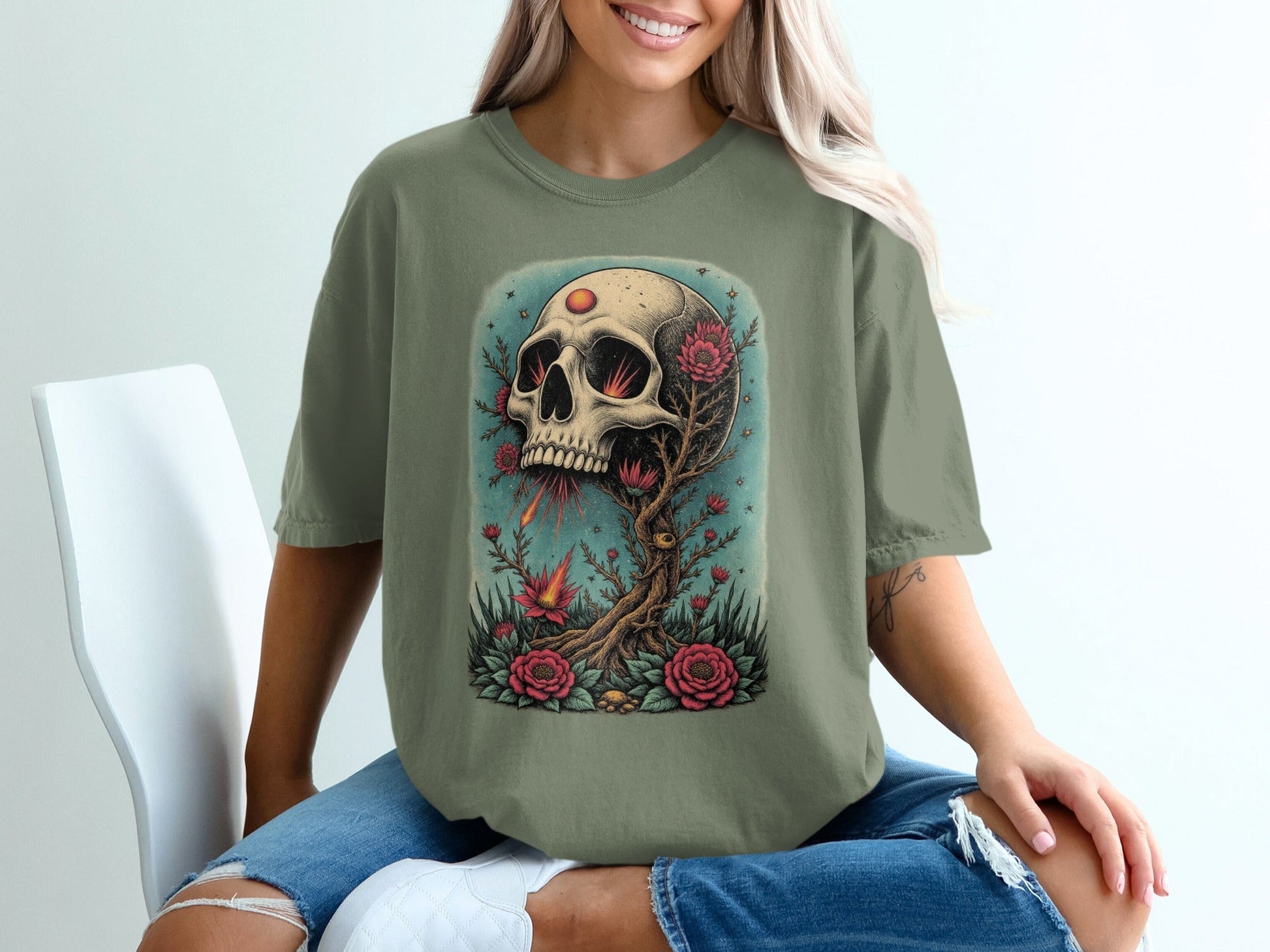 Floral Skull Rising T-Shirt Artistic Print Skull Design T-Shirt - IconVexa