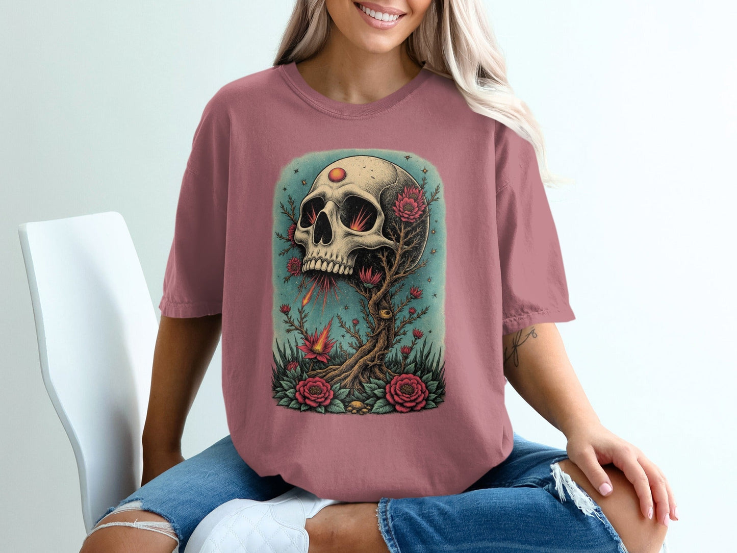Floral Skull Rising T-Shirt Artistic Print Skull Design T-Shirt - IconVexa