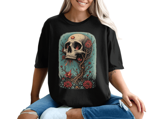Floral Skull Rising T-Shirt Artistic Print Skull Design T-Shirt - IconVexa