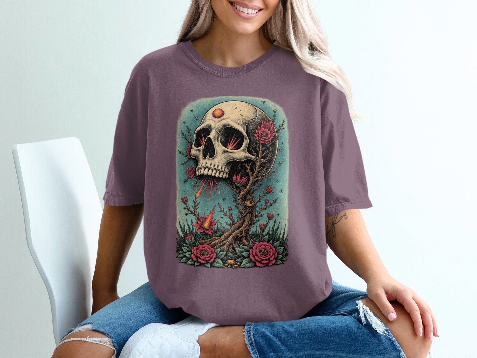 Floral Skull Rising T-Shirt Artistic Print Skull Design T-Shirt - IconVexa