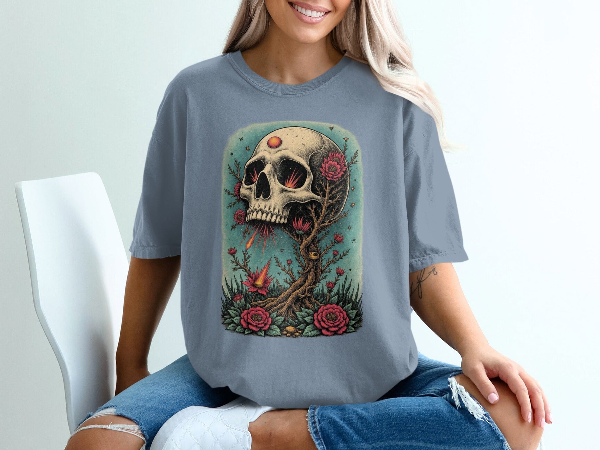 Floral Skull Rising T-Shirt Artistic Print Skull Design T-Shirt - IconVexa