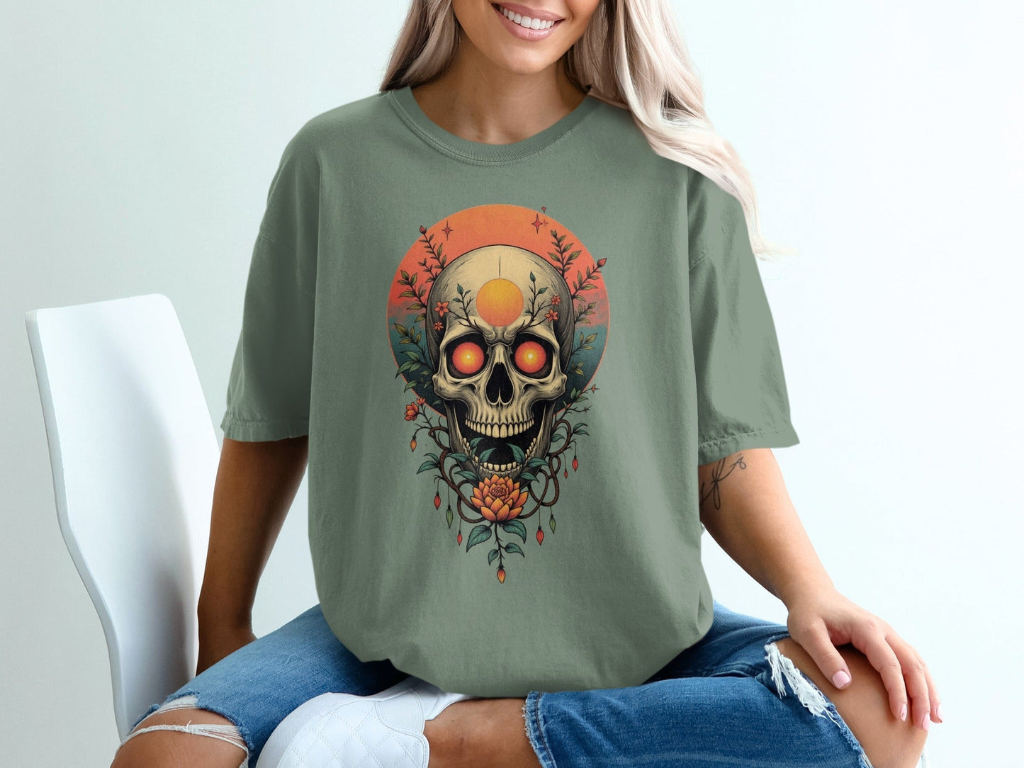 Floral Skull with Sun Graphic Women's Stylish Relaxed T-Shirt - IconVexa