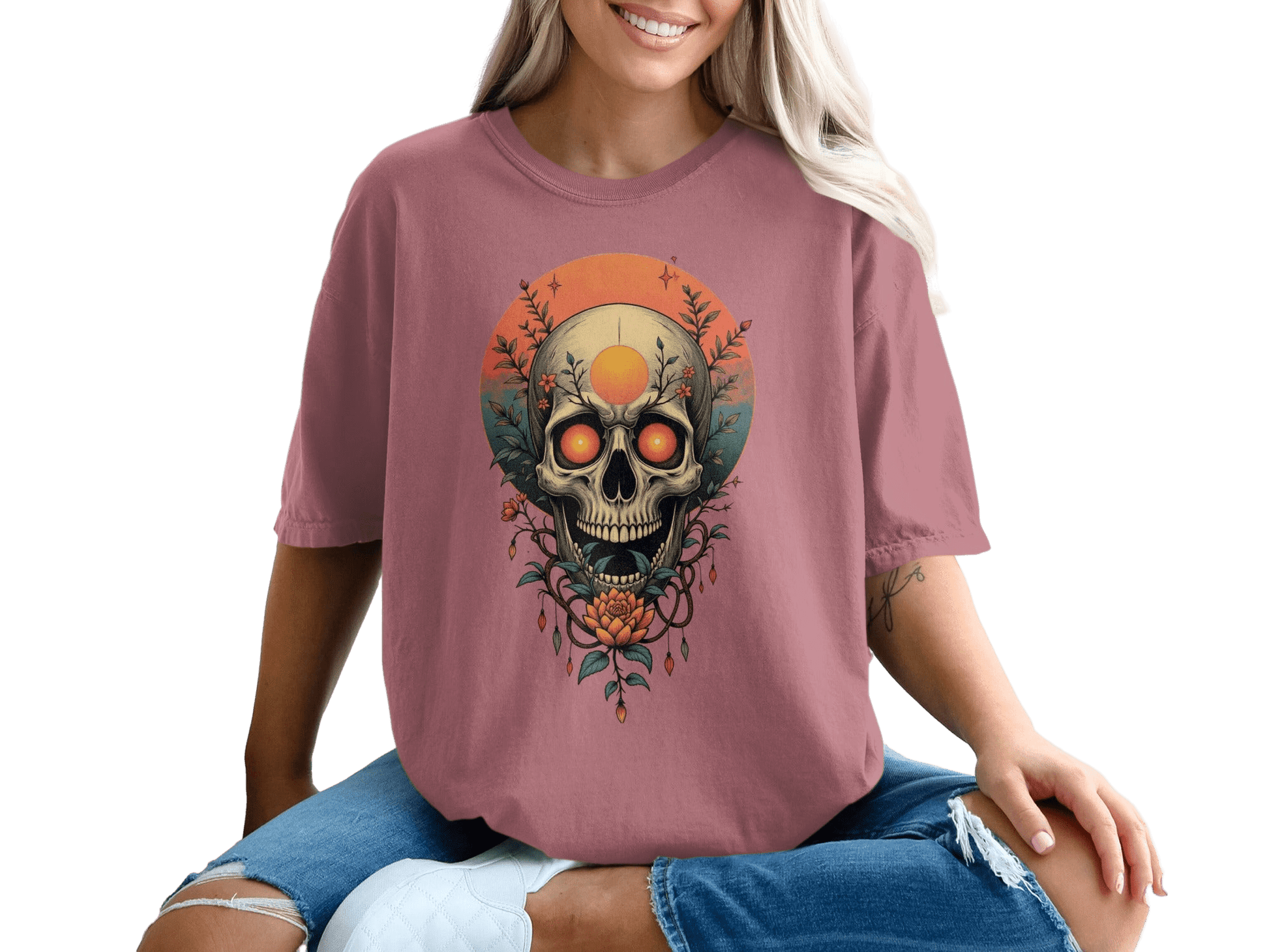 Floral Skull with Sun Graphic Women's Stylish Relaxed T-Shirt - IconVexa