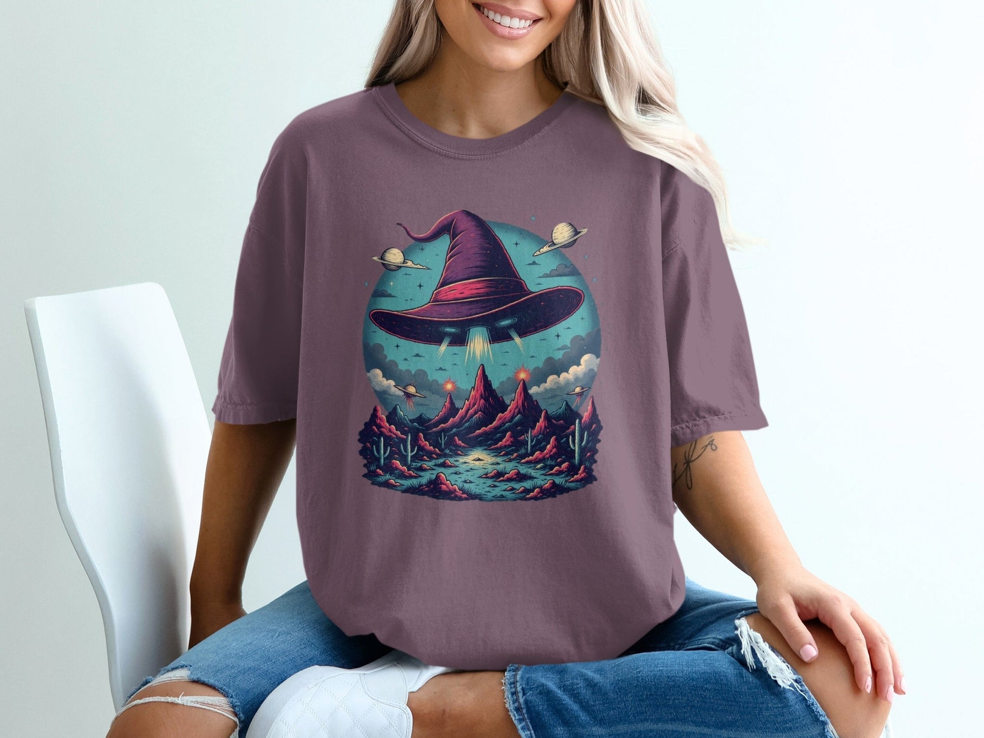 Flying Witch Hat UFO Desert Landscape Graphic Unisex T-Shirt - IconVexa