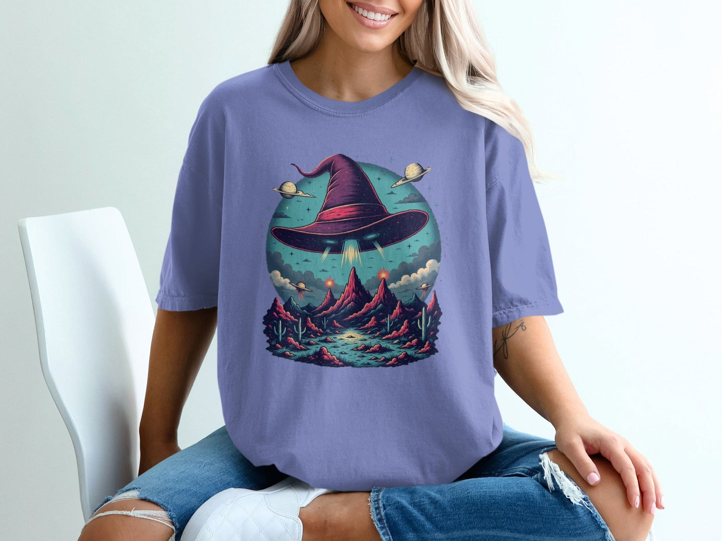 Flying Witch Hat UFO Desert Landscape Graphic Unisex T-Shirt - IconVexa