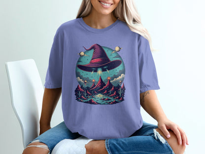 Flying Witch Hat UFO Desert Landscape Graphic Unisex T-Shirt - IconVexa