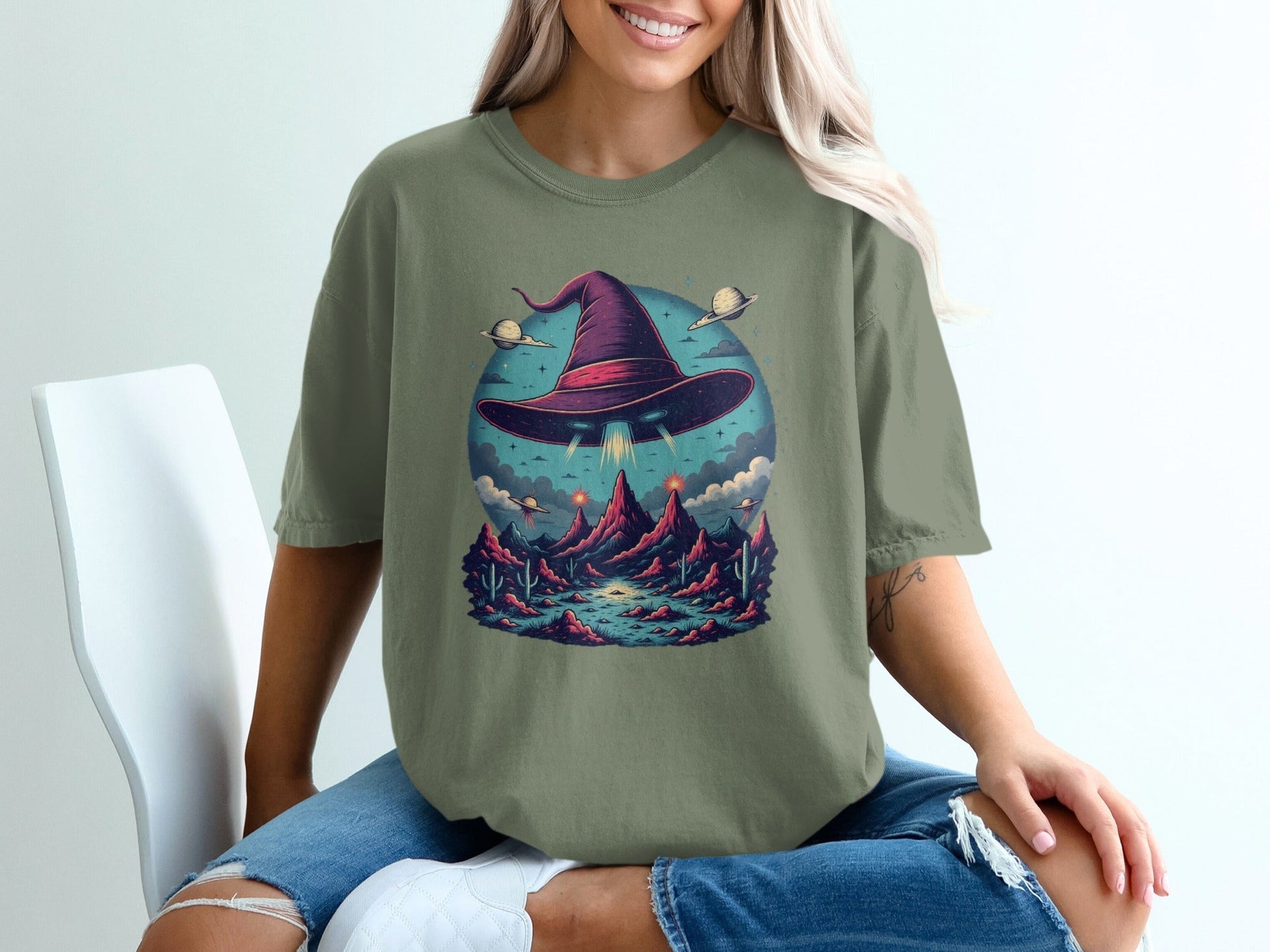 Flying Witch Hat UFO Desert Landscape Graphic Unisex T-Shirt - IconVexa