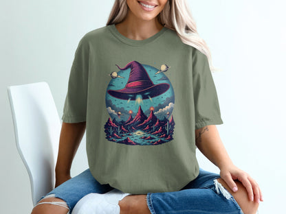 Flying Witch Hat UFO Desert Landscape Graphic Unisex T-Shirt - IconVexa