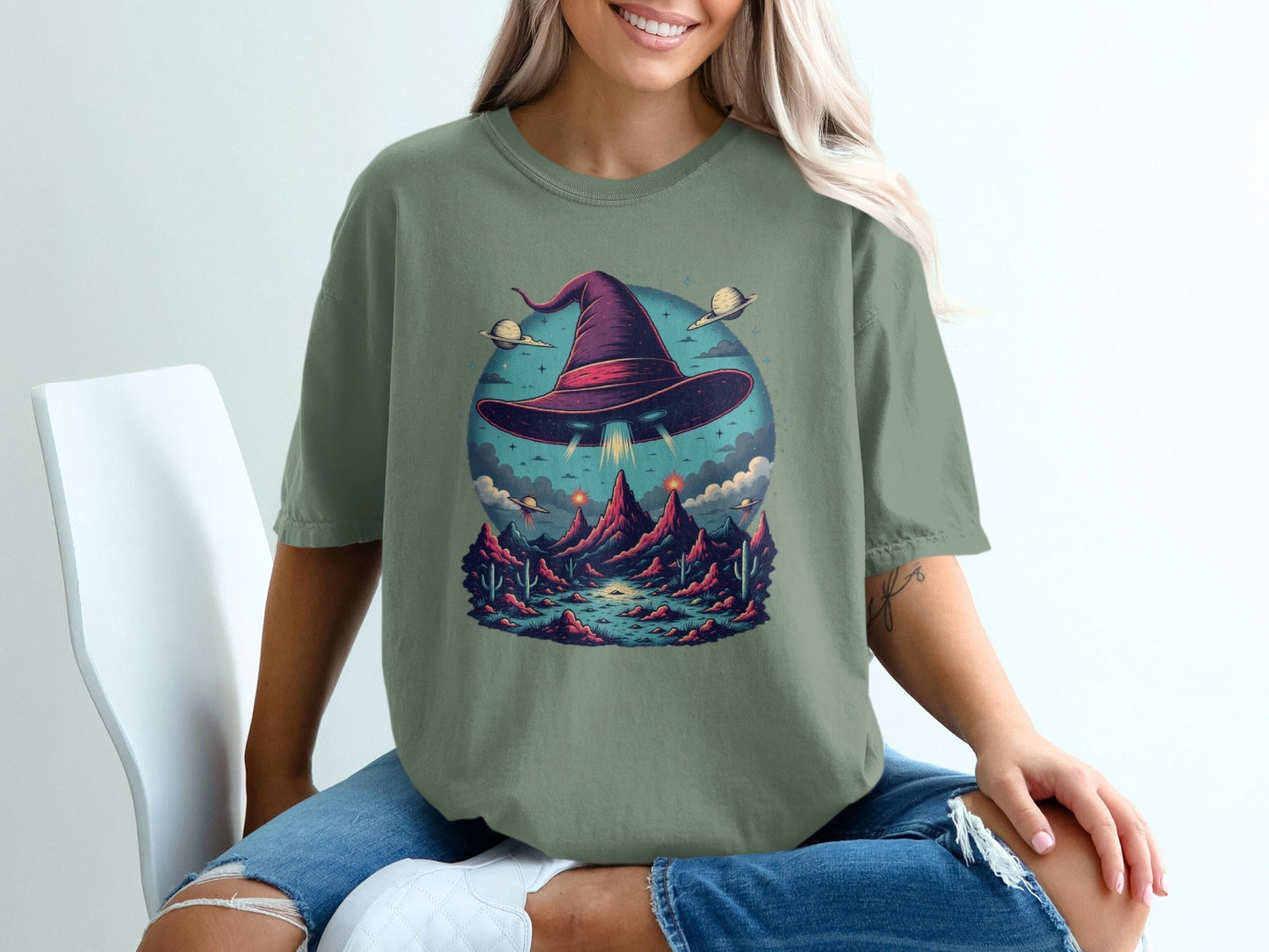 Flying Witch Hat UFO Desert Landscape Graphic Unisex T-Shirt - IconVexa
