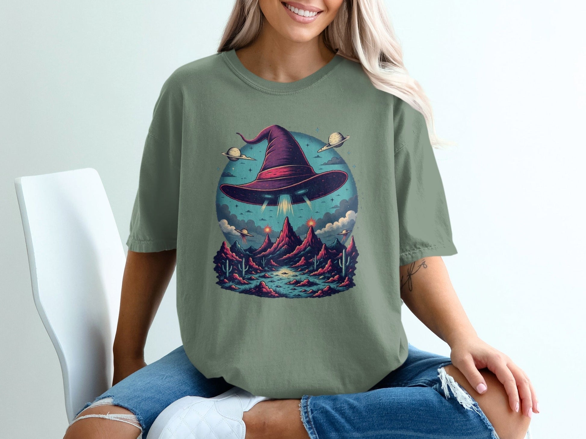 Flying Witch Hat UFO Desert Landscape Graphic Unisex T-Shirt - IconVexa