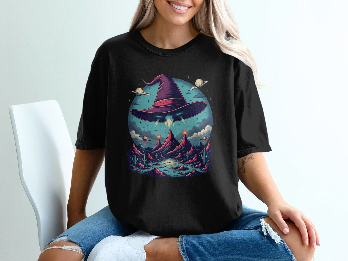 Flying Witch Hat UFO Desert Landscape Graphic Unisex T-Shirt - IconVexa