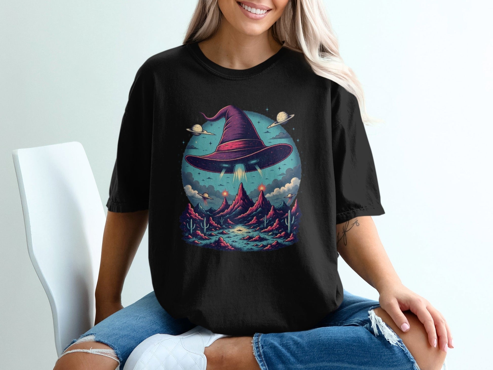 Flying Witch Hat UFO Desert Landscape Graphic Unisex T-Shirt - IconVexa