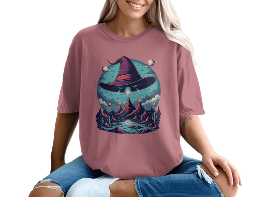 Flying Witch Hat UFO Desert Landscape Graphic Unisex T-Shirt - IconVexa